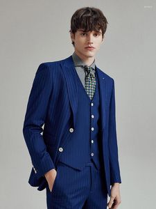 Ternos masculinos conjunto masculino verão fino legal casamento noivo vestir azul profundo listra branca ajuste fino blazer colete calça plus size 60 roupas formais