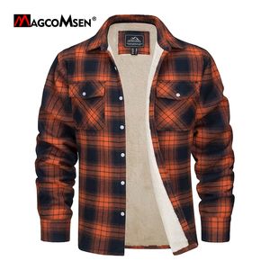 Herrenjacken MAGCOMSEN Herren-Fleece-Plaid-Flanell-Hemdjacke mit Knöpfen, lässige Baumwolljacke, verdickter warmer Frühlings-Arbeitsmantel, Sherpa-Oberbekleidung 230803