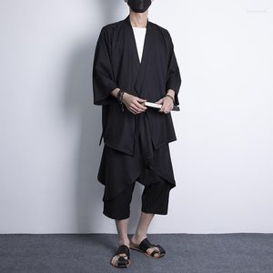 Roupas étnicas terno de duas peças M-5XL moda japonesa kimono e conjunto de calças masculino cardigã blusa haori roupas asiáticas samurai