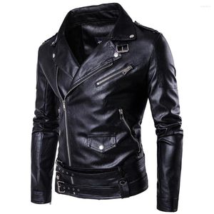 Giacche da uomo 2023 Uomo PU Leather Classic Slim Fit Motor Biker Cappotti pilota con cintura Colletto rovesciato Cerniera Abbigliamento da strada nero