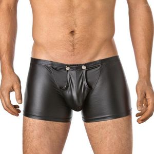 Swimwear Men's Sexy Patent Leather Boxer Shorts com botões falsos para facilitar a desmontagem