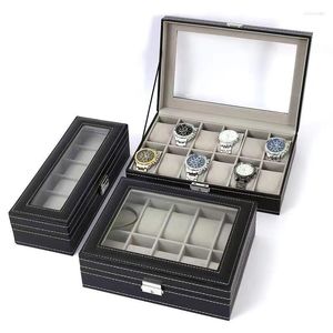 Titta på lådor Handgjorda rutnät Pu Leather Box Display Case Holder Black Storage Glass Jewelry Organizer for Men Women Gift