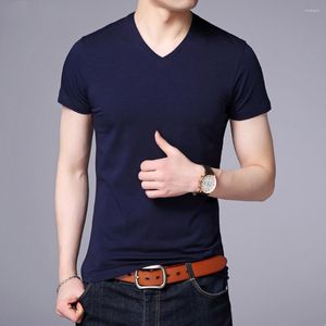 Camisetas masculinas 2023 verão marca tops 95% algodão 5% elastano camisa para homens decote em v liso cor sólida manga curta casual moda roupas masculinas