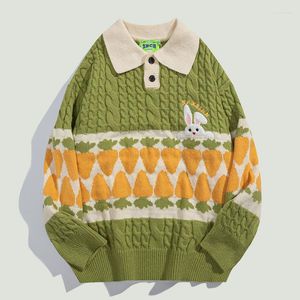 Men's Sweaters Hip-hop Polo Knit Shirt Harajuku Cute Radish Print Splicing Sweater Retro Loose Lapel Pullover Couples Knitwear