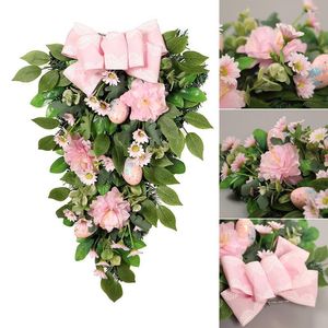 Decorative Flowers Easter Colorful Egg Wreath For Home Front Door Wall Hanging Pendants Simulated Green Plant Happy Day Party Decor