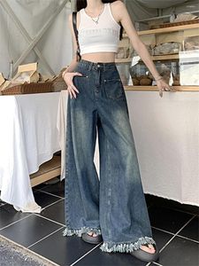 Kvinnors jeans vintage grov selvedge sommar 2023 hög midja breda ben byxor smal känsla av design mopping