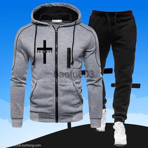 Agasalhos masculinos Moda masculina Moda ativa Jaqueta com capuz masculino Believe Cross Moletom e calça com zíper Conjunto de agasalho para jogging J230803