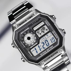 Zegarek zegarki Watchen Waterproof LCD kolorowy zimny światło zegarek ze stali nierdzewnej cyfrowy 5 alarmowy budzik na świecie moda