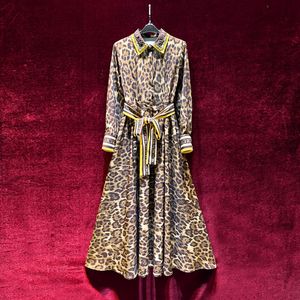 2023 Summer Multicolor Leopard Print Waist Belted Dress Long Sleeve Lapel Neck Panelled Long Maxi Casual Dresses A3Q122153