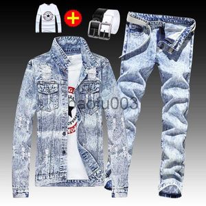 Fatos masculinos 4 pcs conjunto hip hop nova primavera outono homens denim jaqueta buracos único breasted casaco jeans calças com camisa cinto j230803