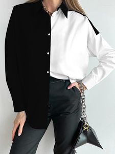 女性用ブラウス2023シックな黒い白いパッチワークブラウスカジュアルターンダウンカラー長袖シングルブレストレディースオフィストップファッション