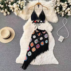 Work Dresses Summer Bohemian Style Holiday Knitted Set Tassel Halter Top With Irregular Skirt Suit Two Piece For Women