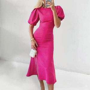 Casual Dresses Women Summer Dress Elegant Lady Prom Cocktail Midi With Slim Fit Bubble Sleeves Round Neck Flattering Tight Waist