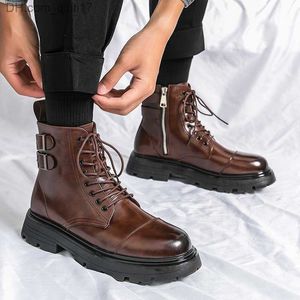 Boots Winter Boots Fashion Brown Leather Men's High Boots Motorcycle Boots Men's Outdoor Thick Sole Round Head Waterproof Ankle Boots Z230803