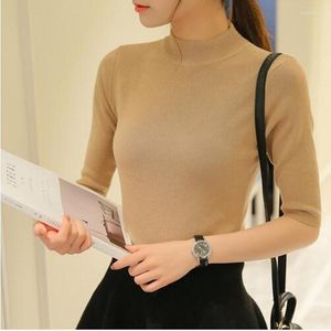 Women's Sweaters 2023 Spring Korean Half Sleeve Shirt Collar Solid Elastic Thin Sweater Five Girl