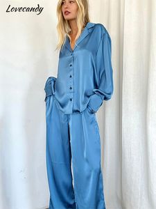 Calças femininas de duas peças azul cetim calças de manga comprida conjuntos de pijama lapela única camisa de peito largo terno primavera feminino fino solto casa wear 230802