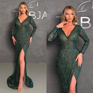 Elegant Dark Green Lace Mermaid Evening Sequins Sleeves V Neck Formal Party Prom Dress Long Dresses For Special Ocn