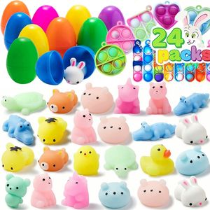 Brinquedo de descompressão 48 peças Ovos de Páscoa pré-preenchidos Mochi Squishies Brinquedos Fidget Chaveiros Apaziguador de estresse para cestas de lembrancinhas de festa 230802