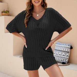 المسارات النسائية للنساء v-neck السراويل القصيرة الصلبة ألوان جوفاء متبكلة عالية محيط مجموعة 2 قطع الأزياء الأكمام الشاطئ