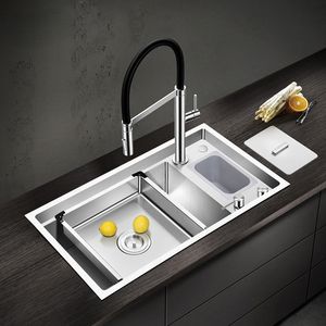 SUS 304 Stainless Steel Kitchen Sink 4mm Thickness Handmade Brushed 4 Hole Single Large Size With Trash Can Kitchen Sinks