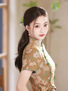 Roupas étnicas Tradicionais Estampas Florais Cheongsam Roupas Estilo Chinês Manga Curta Dividida Alta Qipao Vestido Vestido