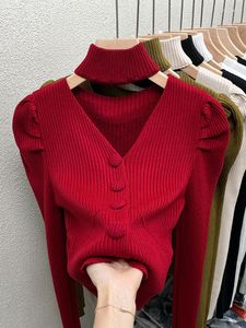 سترات سترات النساء السترة الحمراء قميص داخلي محبك مع تصميم فريد من نوعه من الرسن من الخريف والشتاء