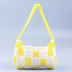 Abendtaschen Modetrend Perlen Achseltasche Gelb Weiß Plaid Acryl Hand Handtasche Damen Sommer Strand Party