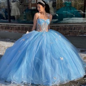 Sukienki imprezowe pasek spaghetti patrz przez niebieską suknię piłkarską błękitne błyszcząca sukienka marzeń warstwowa puszysta księżniczka