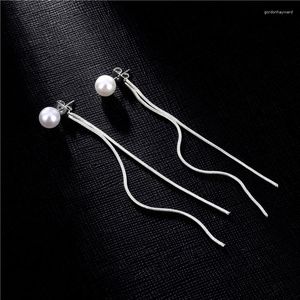 Dangle Earrings Minar Korean Fashion Imitation Pearl Long Chain Tassel Earring for Silver Color Color Metal Drop Bridal Jewelry