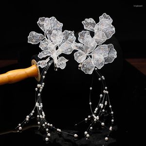 Hårklipp koreansk stil brud bröllop tiara pärla fransad spets crepe blomma blad hårnål tillbehör