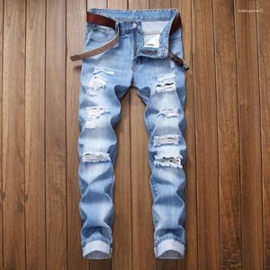 Mäns jeans Fall Wear Ripped Straight Fit Stretchless Fashionable Blue Casual Social Hip Hop Party High Quality Denim Pants