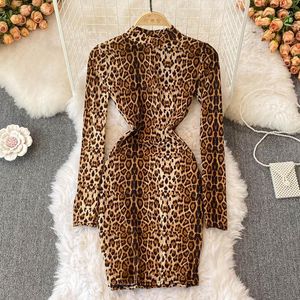 Casual Dresses Sexy Dress For Women Stand Collar Long Sleeve Leopard Summer High Waist Package Hip Vestido Female Printed Drop