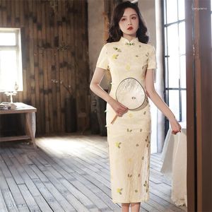 Roupa étnica Elegante Gola Mandarim Folha Bordada Chiffon Até o Joelho Qipao Retro Chinês Feminino Manga Curta Renda Vestido Cheongsam