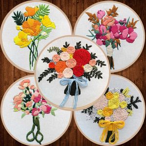Produtos de estilo chinês Bordado Conjunto de bouquet Flores de bouquet Plantas estampadas Ferramentas de bordado de tecido para iniciantes Bordados de costura redonda de costura cruzada Craft de costura