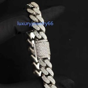 925 Solid Silver 12mm 17mm Wide with 2rows Free Fire Moissanite Diamond Bracelet Cuban Link Chain