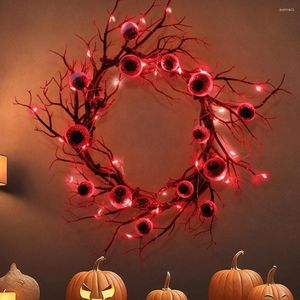 Flores decorativas 1 Juego de corona de Halloween con luces Led para colgar en la puerta globo ocular Deadwood decoración festiva para ventana de pared