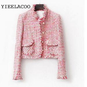 Jaquetas femininas rosa tweed jaqueta primavera outono inverno jaqueta feminina casaco clássico senhoras selvagens senhoras fio brilhante trançado tweed jaqueta 230803