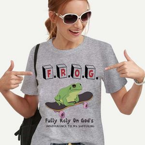 Camiseta Feminina Frog Confie Totalmente nas Camisetas de Deus Verão Indiferença Ao Meu Sofrimento Camisetas ONeck Grunge Y2k Tops Roupas Femininas Mujer Camisetas 230802