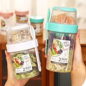 Lunch Boxes Portable Breakfast Oatmeal Cereal Nut Yogurt Salad Cup Container Set With Fork Sauce Cup Lid Bento Food Bowl Kitchen Lunch Box 230802