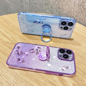 Flower Soft TPU Metal Pedent Ring Ring Case na iPhone 15 Pro Max 14 Plus 13 12 11 8 7 6 X xr xs Diamond Bling Glitter Chromed Metallic Plating Gradient Cover Cover Stay