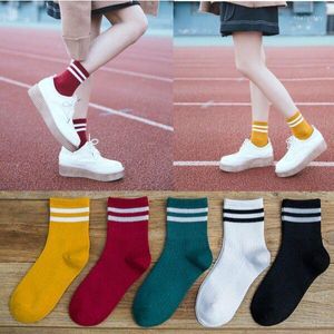 Women Socks 5 par Middle Tube Four Seasons Korean version College Style Striped Women's Long Cotton