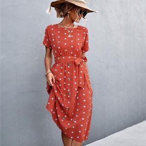 Partykleider 2023 Sommer Casual Dot Print O-Ausschnitt Kurzarm Gürtel Damenkleid Saum Knopf Dekor Elegante Mode Büro Pendler