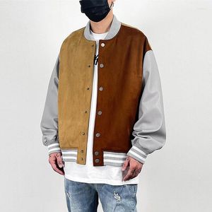 Jaquetas masculinas High Street outono e inverno camurça de beisebol jaqueta casual patchwork feminina manga de couro sintético casacos grossos para uso externo