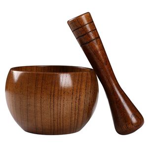 Mills Natural Handcrafted Bamboo Bowl Plat-Bottomed Can and Bitlic Stick Pounded Vitlök Jar Round Pounding Vitlök Mortar Trägrinde 230802