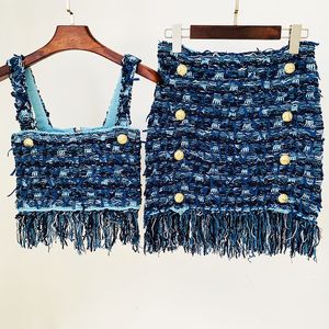 Basic Casual Dresses Two Piece Sets Tops Skirt Suits Blue Tassel Tweed Fashion Knit Fringed Camisole Skirts Suit High Quality 230804