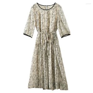 Casual Dresses Rose Print Summer Dress Women 2024 Silk Polyester A-LINE Mid-Calf O-Neck Vestidos Long For