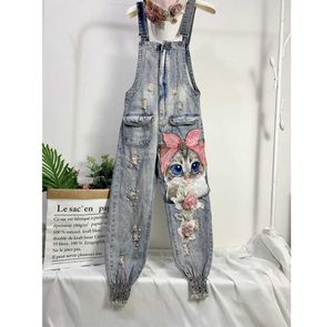 Women's Jumpsuits Rompers Women Print Cartoon Denim Overalls Hole Loose Beaded Jean Pants Female Plus Size Casual Long