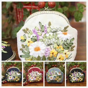 Chinese Style Products DIY Ribbon Embroidery Flowers Chain Bag Handbag Needlework Cross Stitch Purse Wallet for Beginner Sewing Craft Friend Gifts