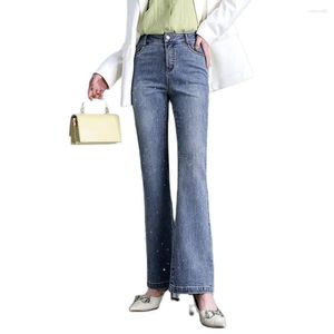 Women's Jeans Flared Denim Gray Beautiful Fashion Office Lady Working Business Diamond Shiny Soft Pants 2023 Spring