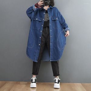 Women's Blouses 2023 Spring Korean Mid-length Button Loose Casual Cotton Blue Women Denim Shirt Basic Z022